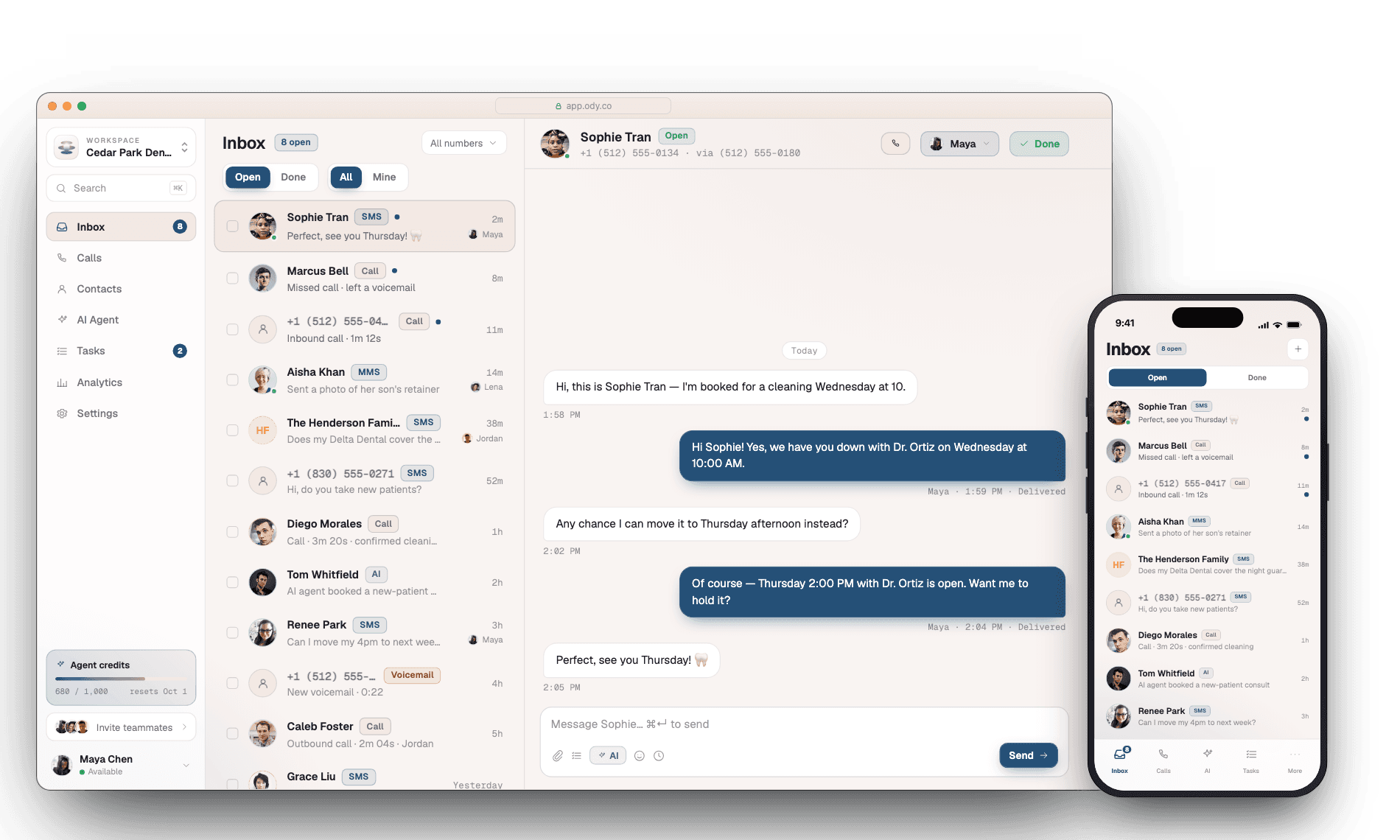 The Ody inbox on the web app and the iPhone app: a list of open conversations with SMS, call and voicemail badges, and one customer thread open on the right.